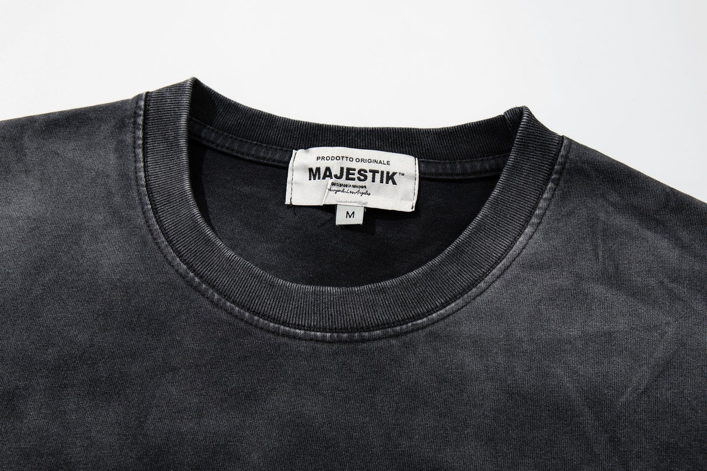 MAJESTIK Washed Black Distressed Graphic T-Shirt — neck_label
