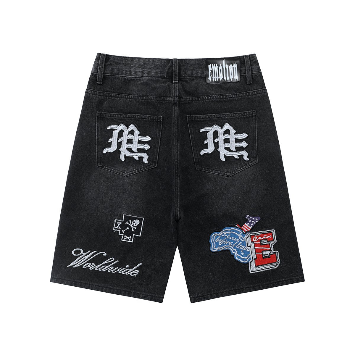 Black Gothic Patch Denim Shorts — hero