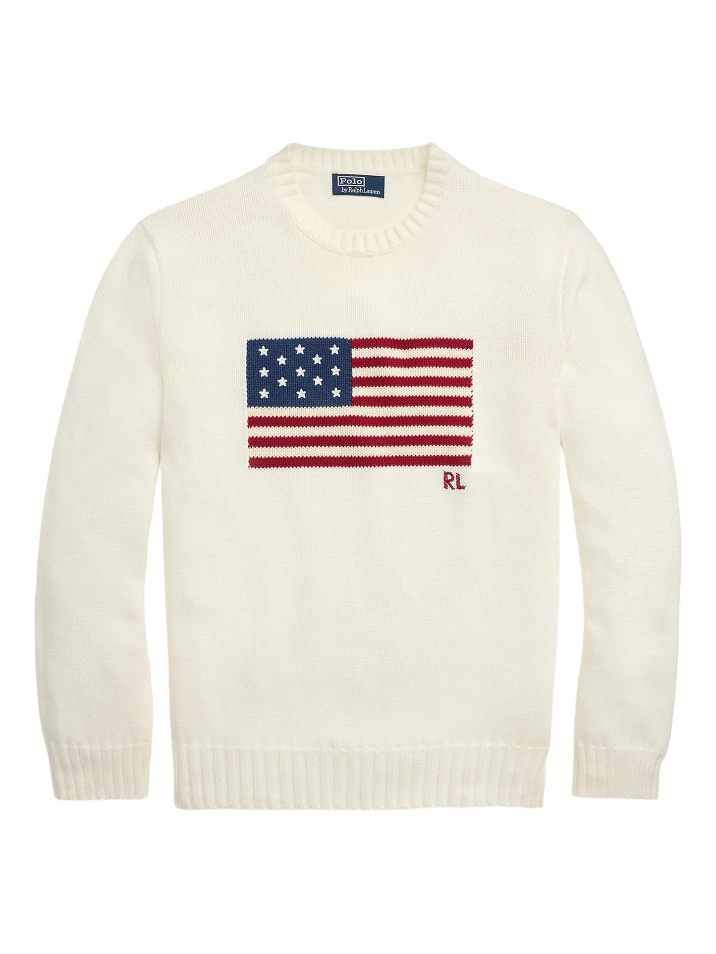RALPH LAUREN Flag Cotton Crewneck Jumper Cream White