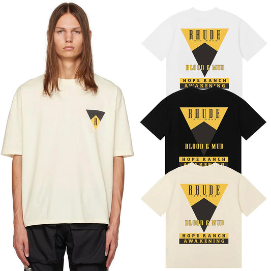 Rhude T-shirts Inverted Triangle Printing Cotton Casual Short Sleeve Men and Women