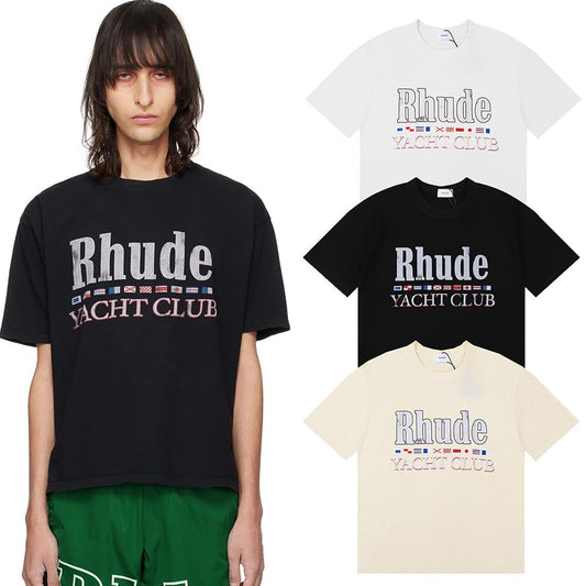 Rhude T-shirts Flag Printing Cotton Casual Short Sleeves Men and Women