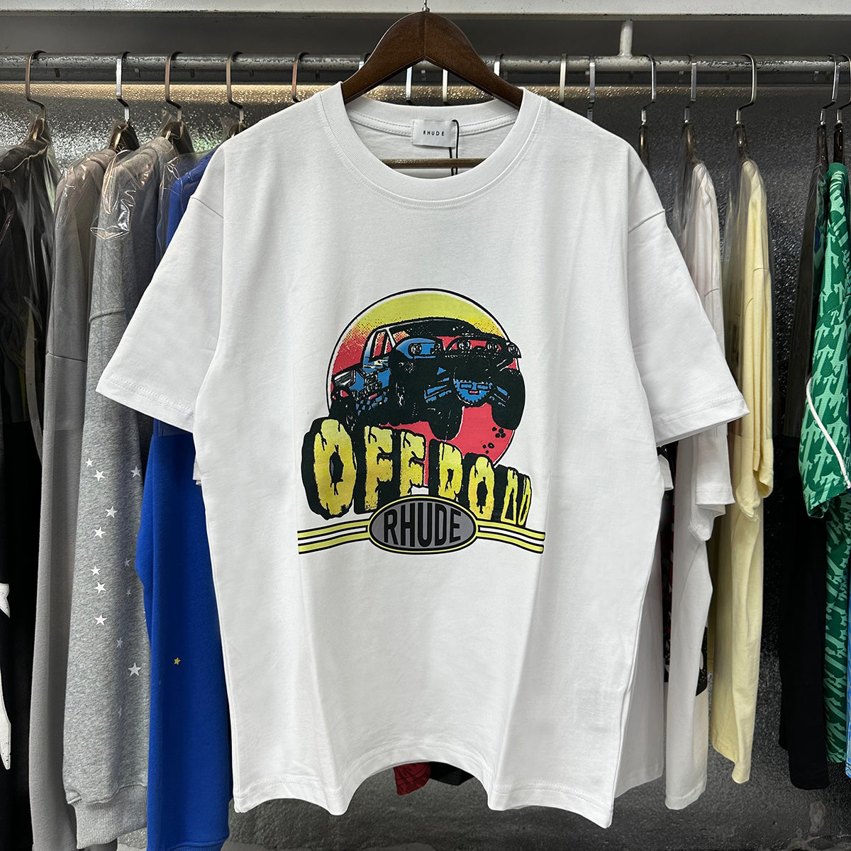 Rhude T-shirts Off-Road Vehicle Printed Cotton Casual Short Sleeve Men and Women
