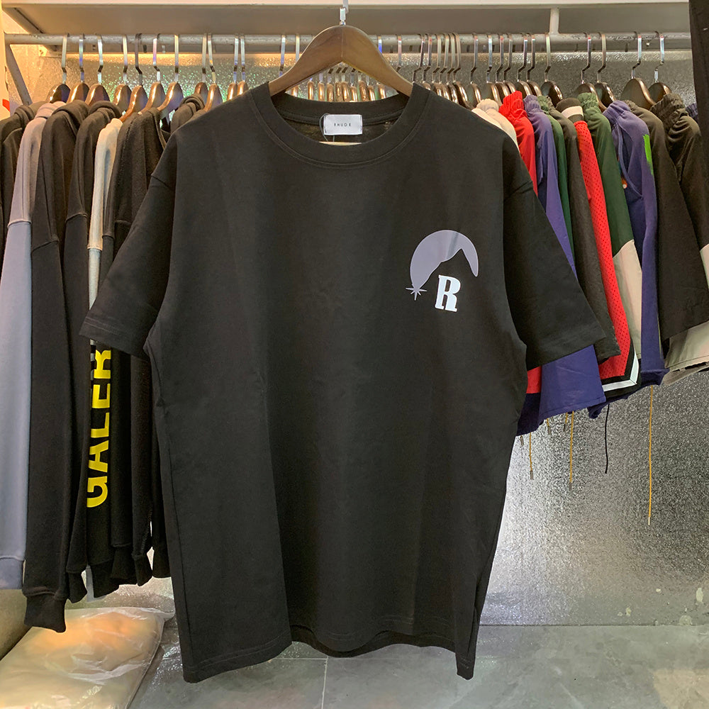 Rhude T-shirts Black Moon Print Loose Casual Short Sleeve Men and Women