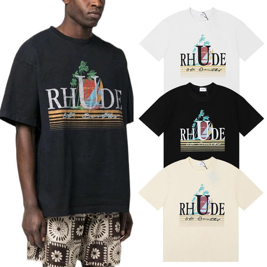 Rhude T-shirts Coconut Sunset Sailing Printing Cotton Casual Loose Short Sleeve Men and Women