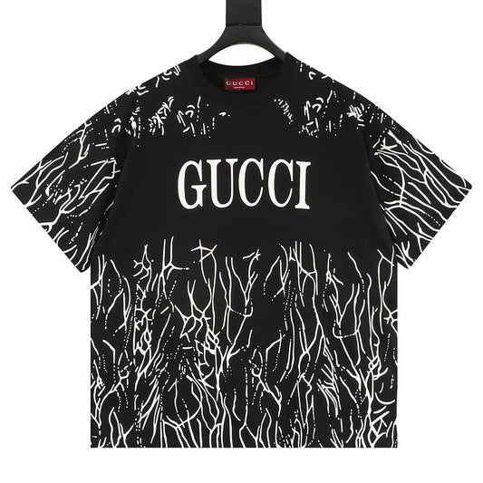GUCCI 2026 New Arrival: All-Over Digital Print Short-Sleeve T-Shirt featuring Branch-Motif Lettering Logo