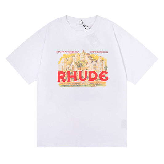 Rhude T-shirt Micro Label Castle Letter Logo Pattern Short Sleeve T-shirt Loose