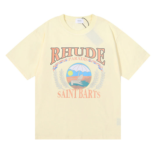 Rhude T-shirt Wheat Ear Sunset Beach Pattern Printed Short Sleeve T-shirt