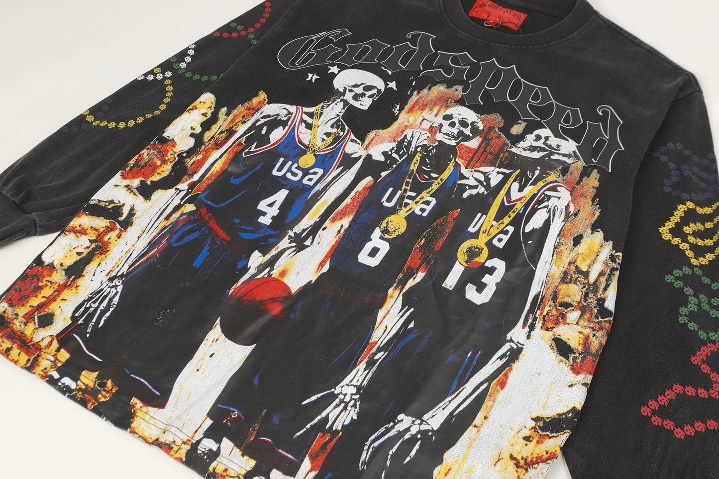 Godspeed Skeleton Basketball Graphic Long-Sleeve T-Shirt — detail