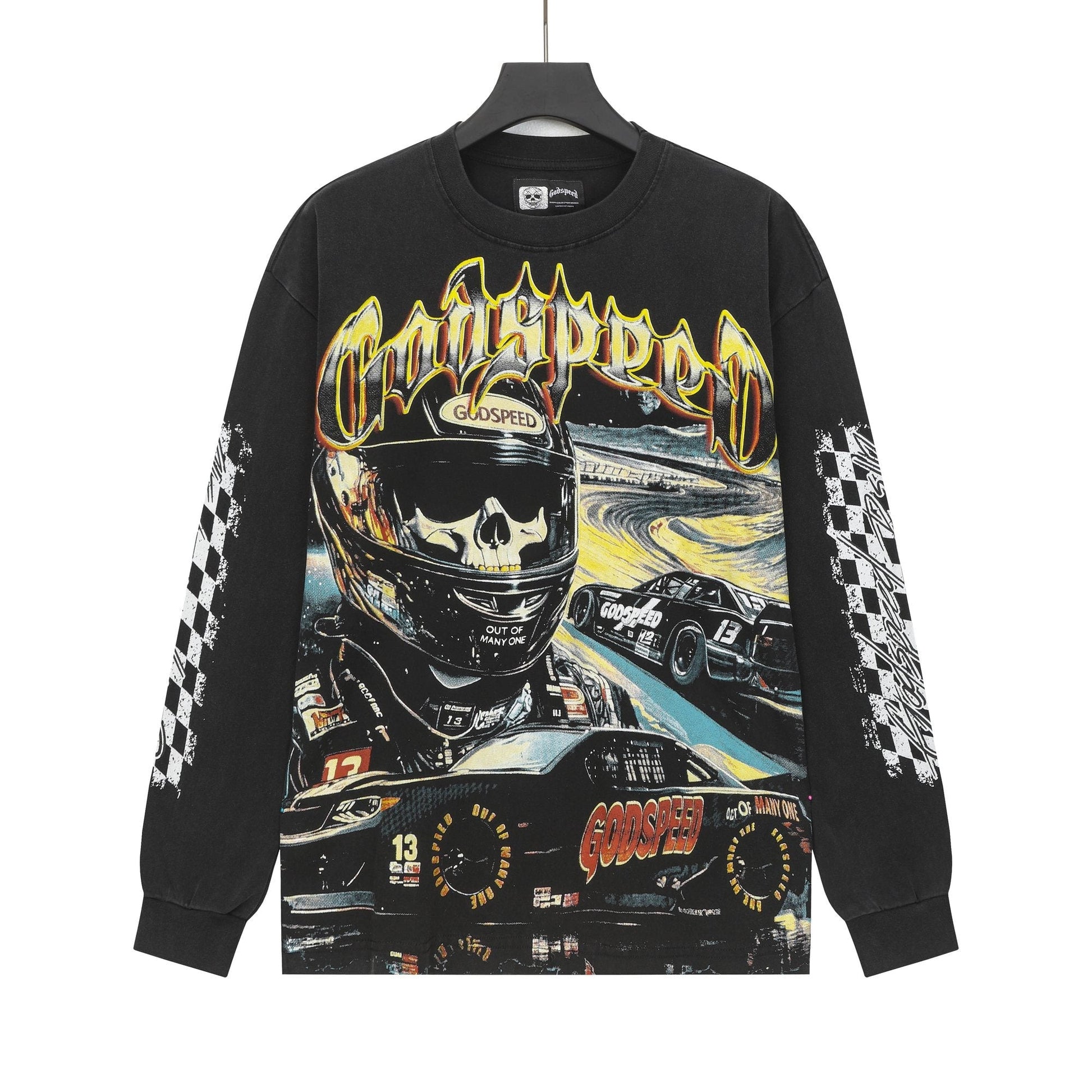 Godspeed Washed Black Racing Skull Long-Sleeve T-Shirt — hero