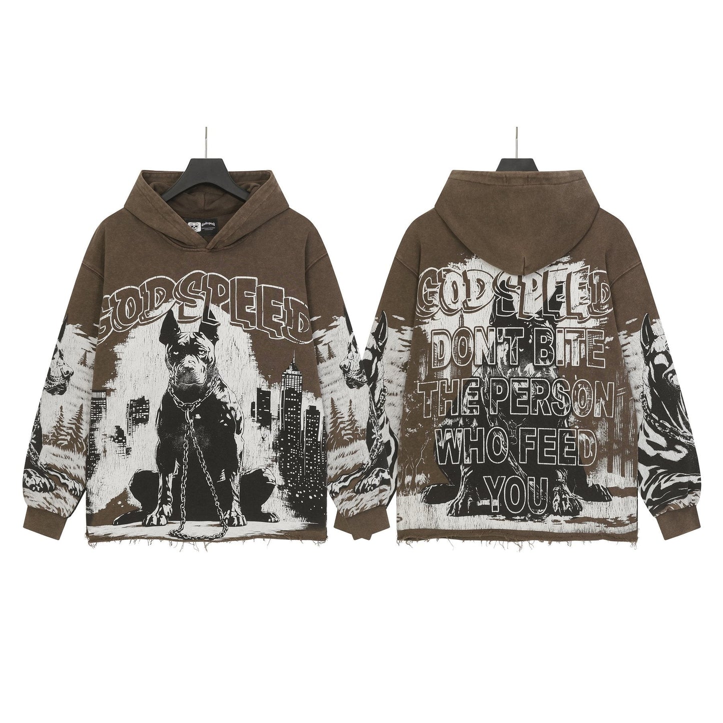 Godspeed Dog & City Graphic Raw-Hem Hoodie — front