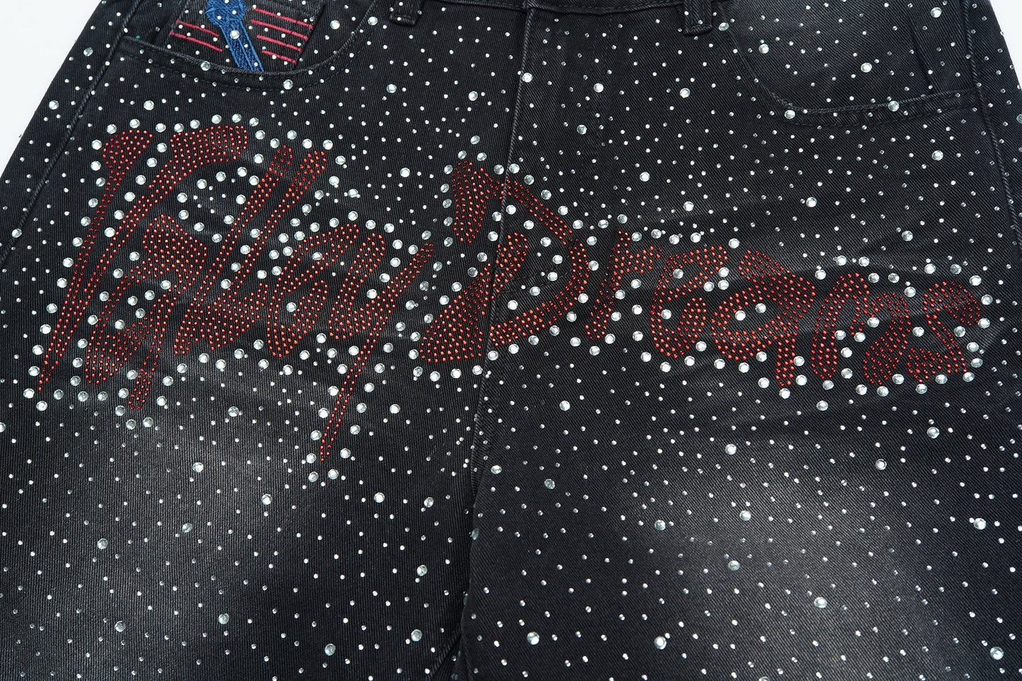 VALLEY Iced Out Rhinestone Denim Jorts — detail
