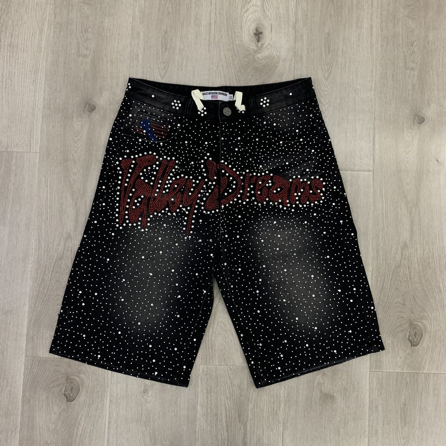 VALLEY Iced Out Rhinestone Denim Jorts — front
