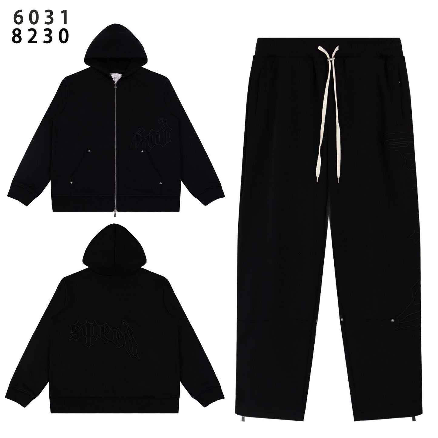 Godspeed Tonal Black Gothic Zip Hoodie Tracksuit Set — front