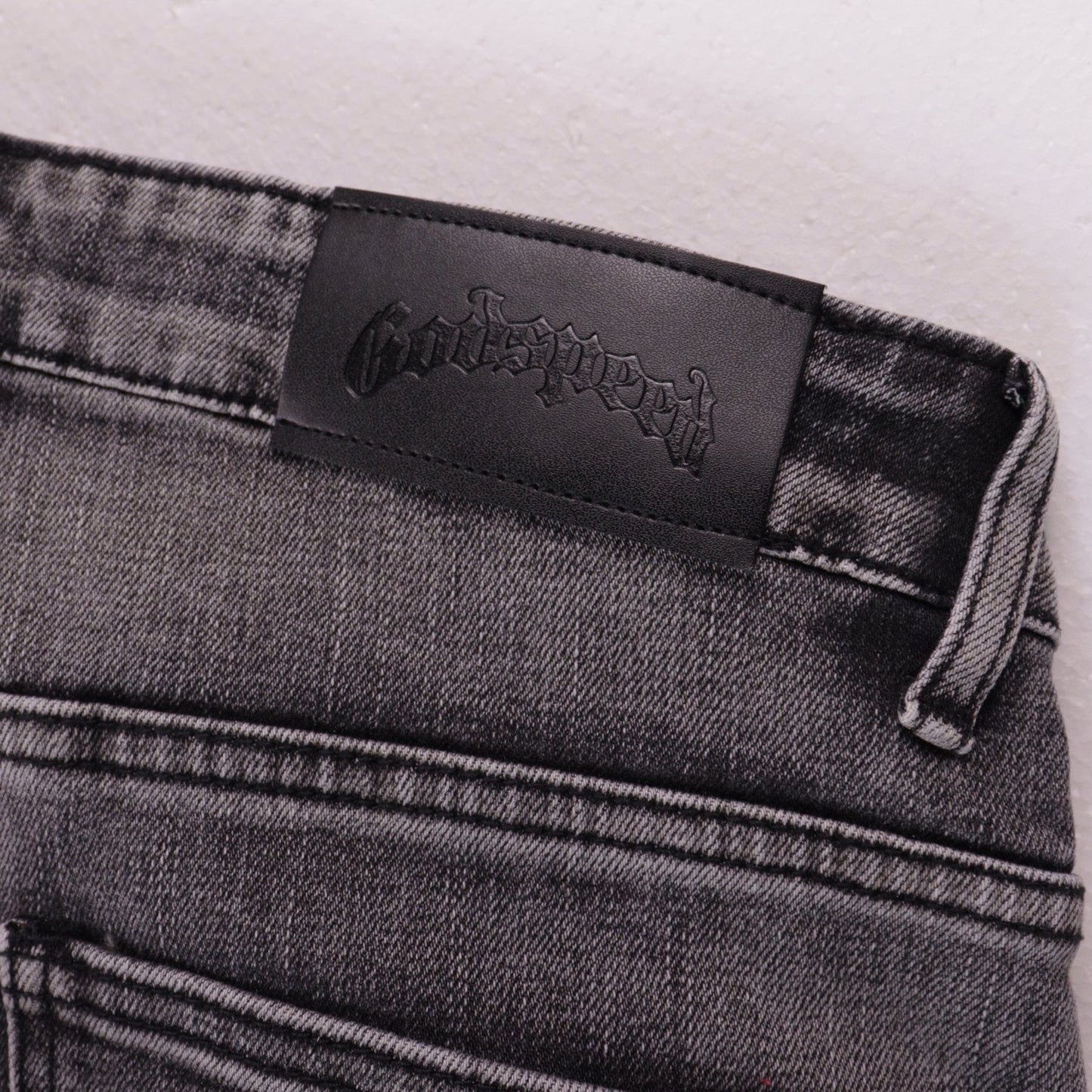 Godspeed Embroidered Denim Shorts — detail