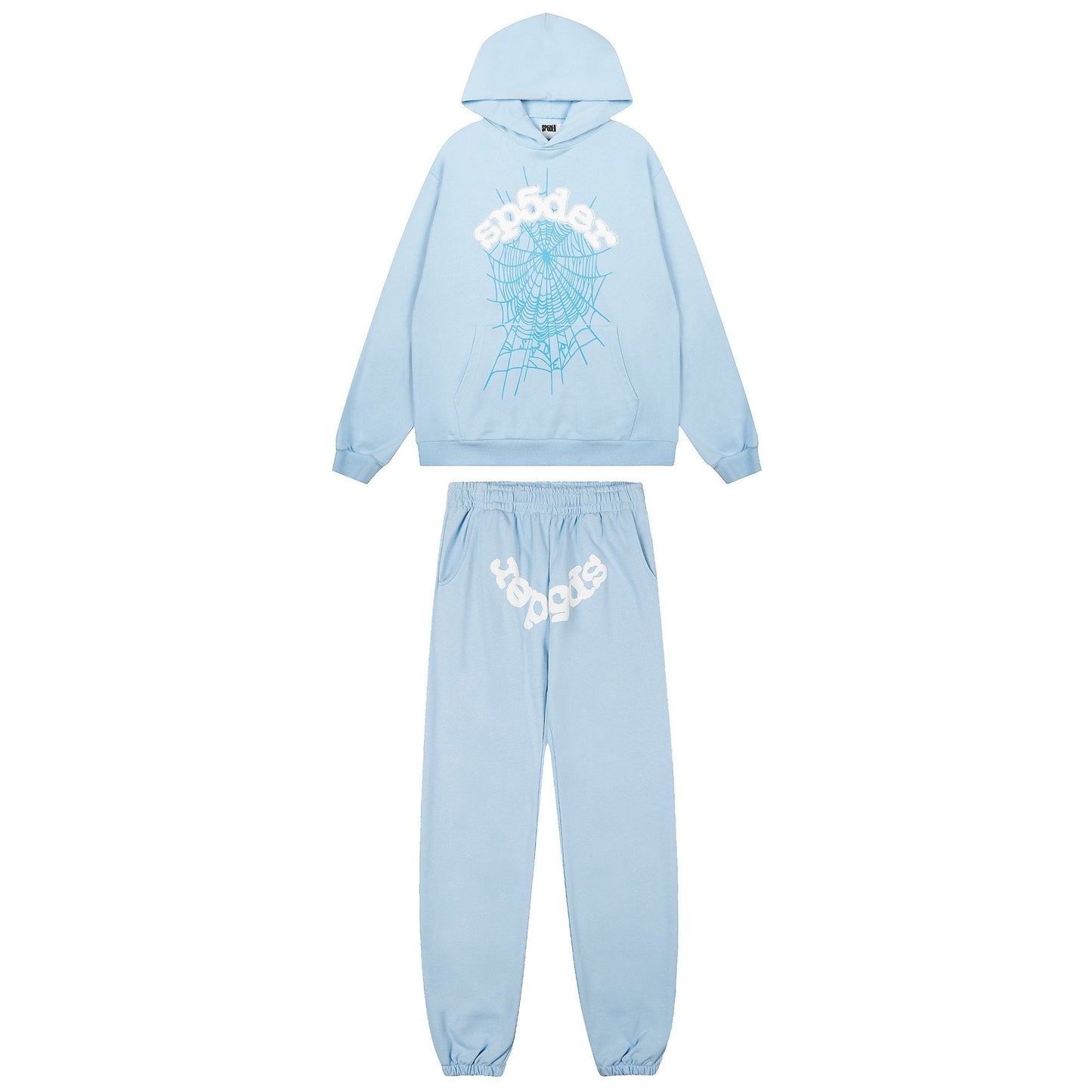 Sp5der Light Blue Spiderweb Hoodie & Sweatpants Matching Set — hero