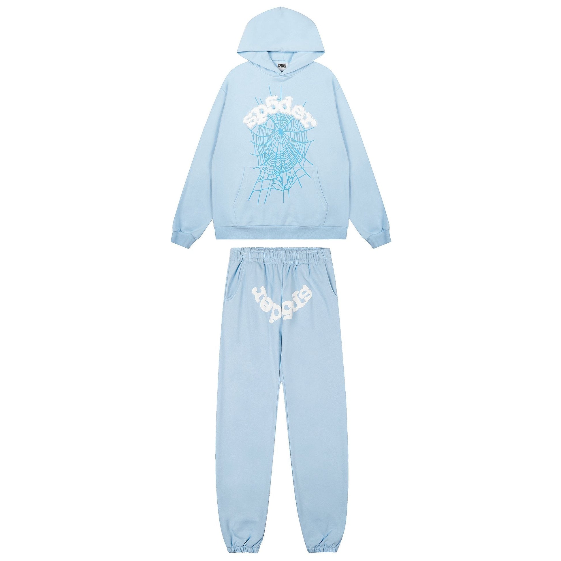 Sp5der Light Blue Spiderweb Hoodie & Sweatpants Matching Set — hero