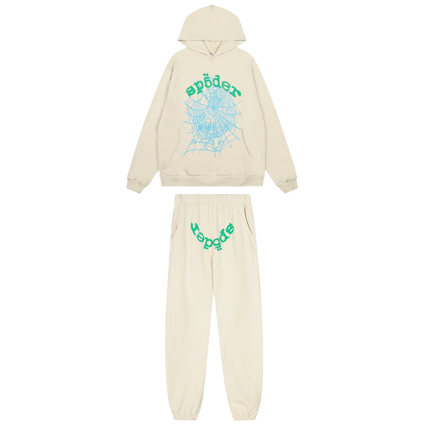 Sp5der Cream Graphic Hoodie & Sweatpants Matching Set — hero