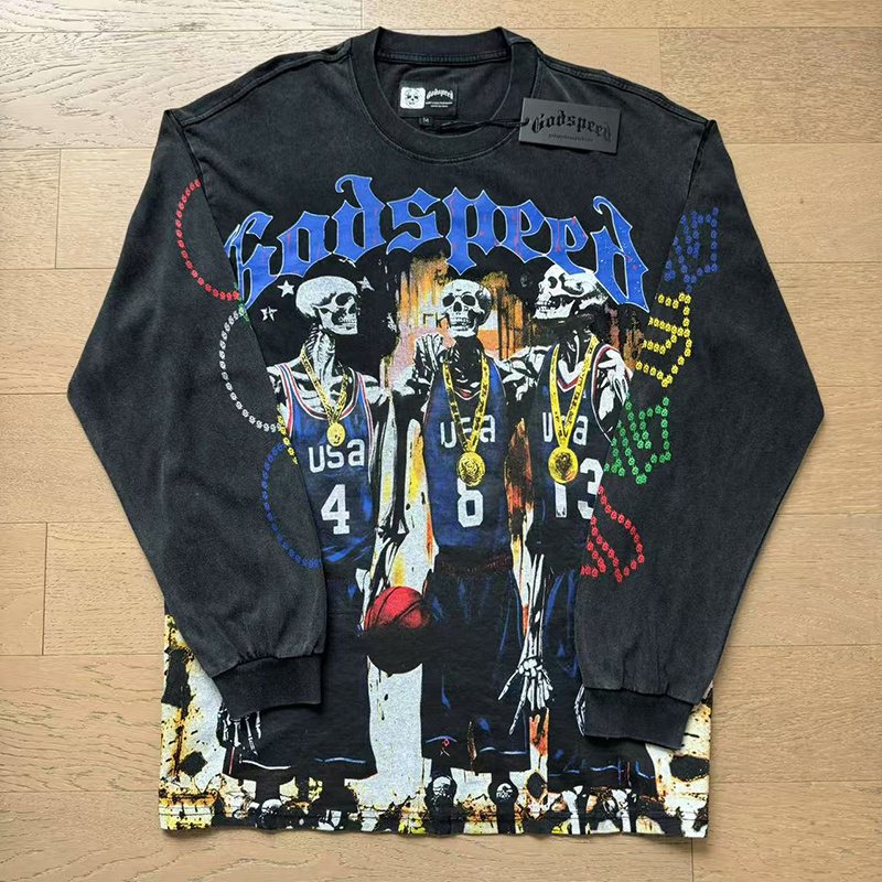 Godspeed Washed Black Graphic Long-Sleeve T-Shirt — front