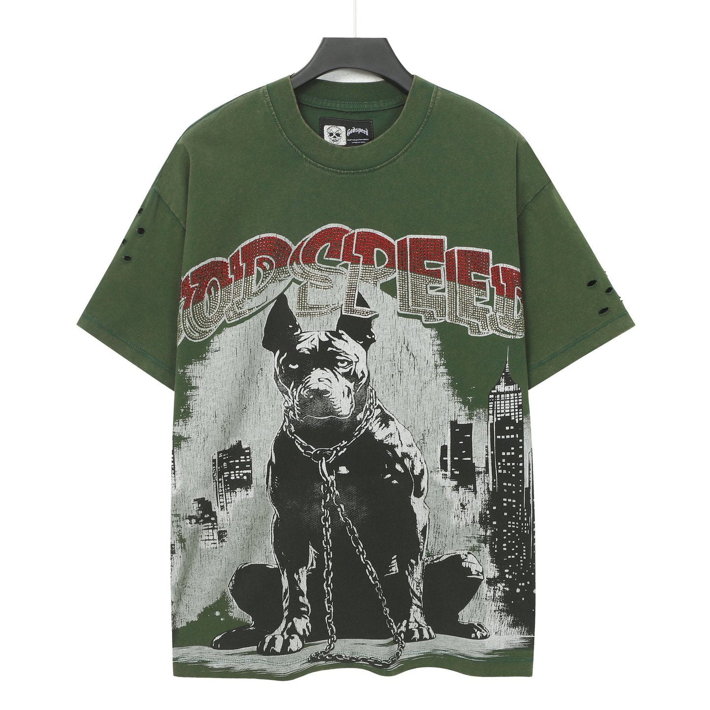 Godspeed Dog Graphic Distressed Sleeve T-Shirt — front