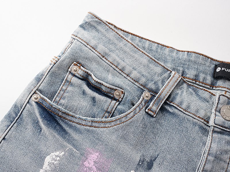 Purple Brand Light Blue Paint-Splatter Denim Shorts — detail