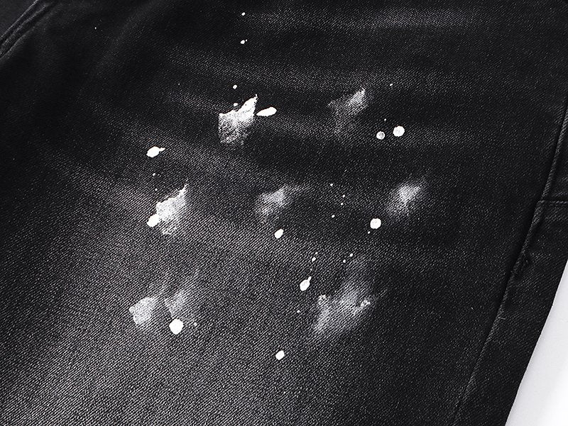 Purple Brand Black Paint-Splatter Distressed Denim Shorts — detail