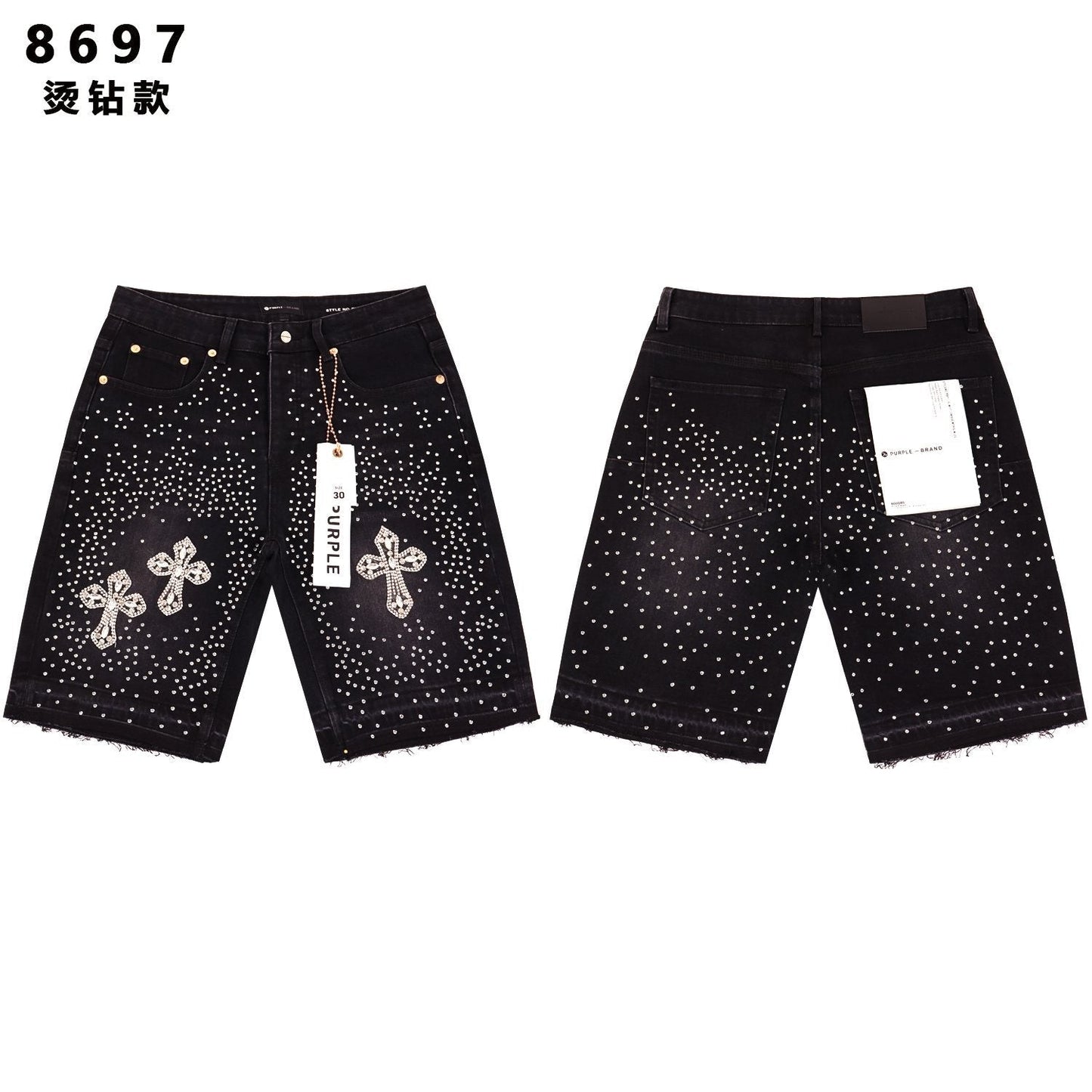 PURPLE Rhinestone Bow Cross Denim Shorts — front