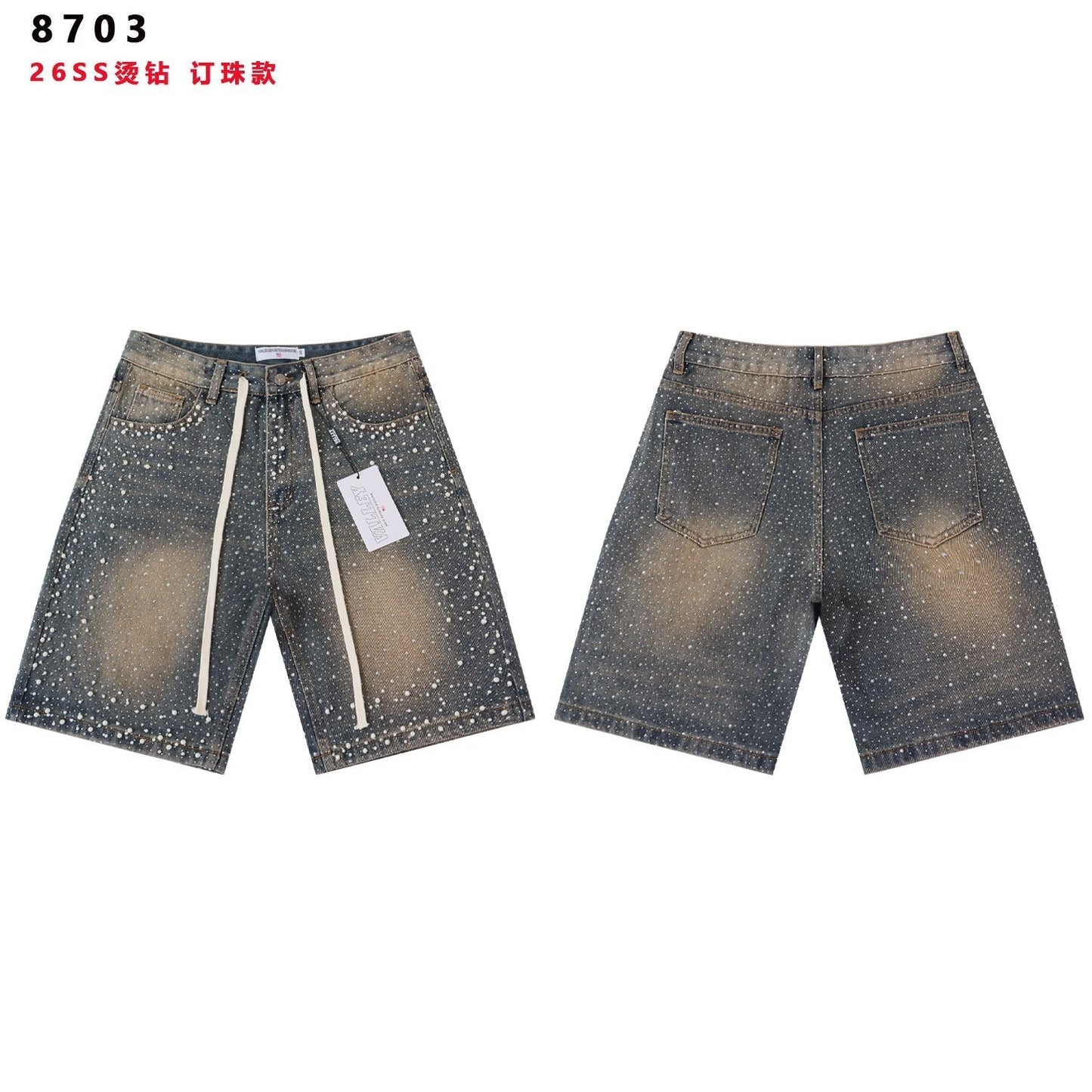 VALE Pearl-Studded Washed Denim Shorts — front