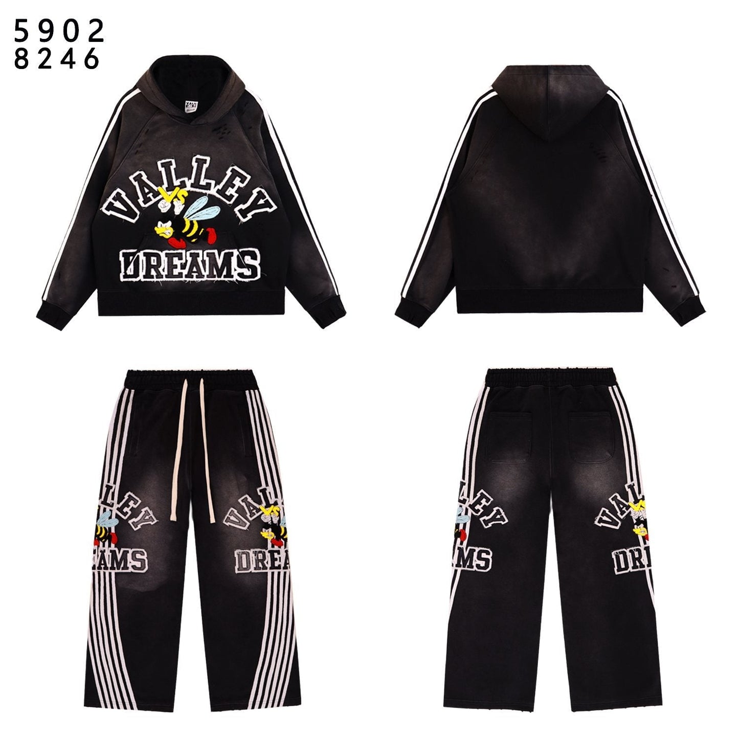 VALE USA Bee Embroidered Striped Hoodie & Sweatpants Set — front