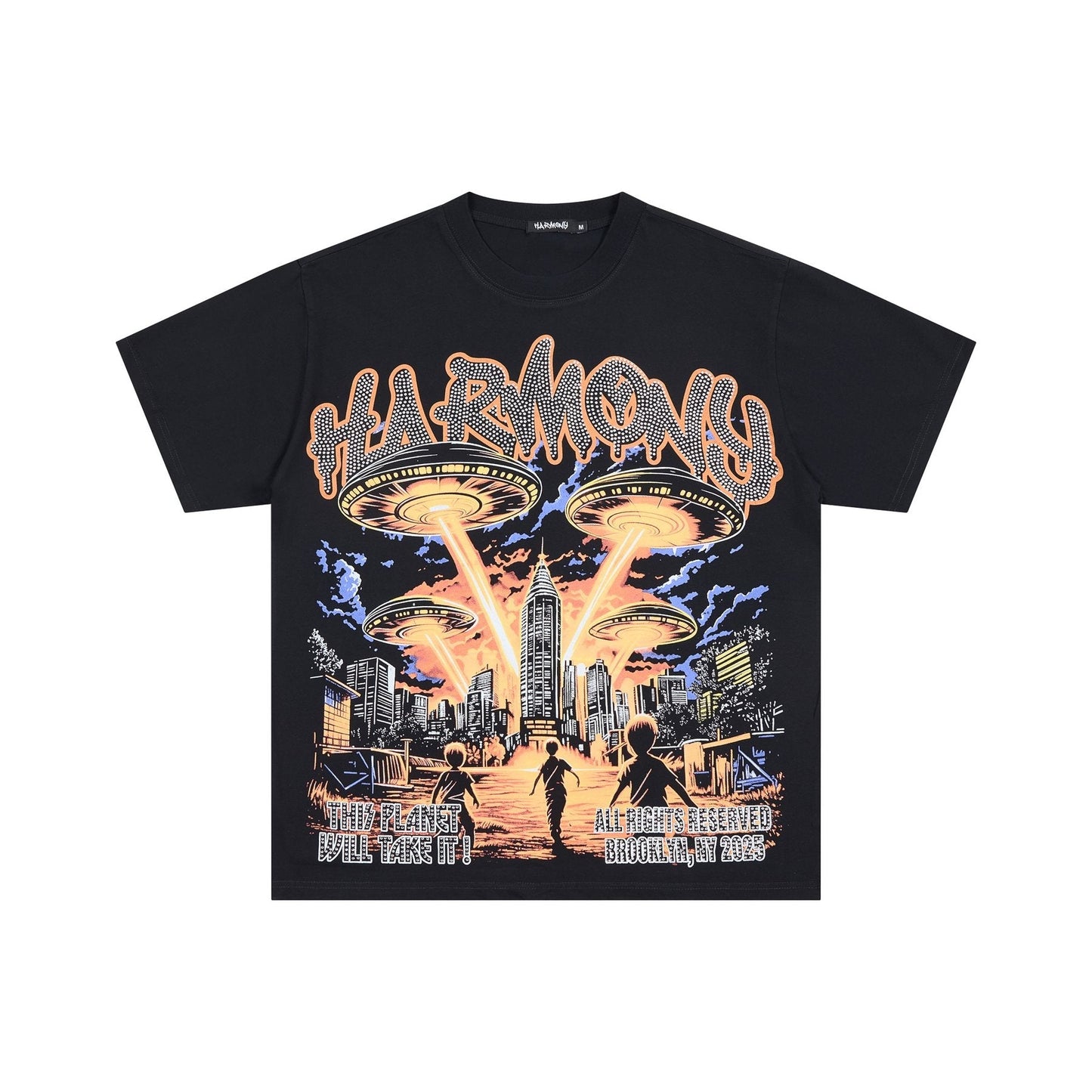 HARMONY UFO City Rhinestone Graphic T-Shirt — front