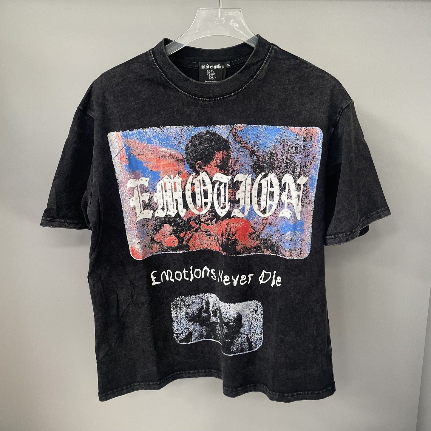 MIXED EMOTION Rhinestone Graphic Acid-Wash T-Shirt — front