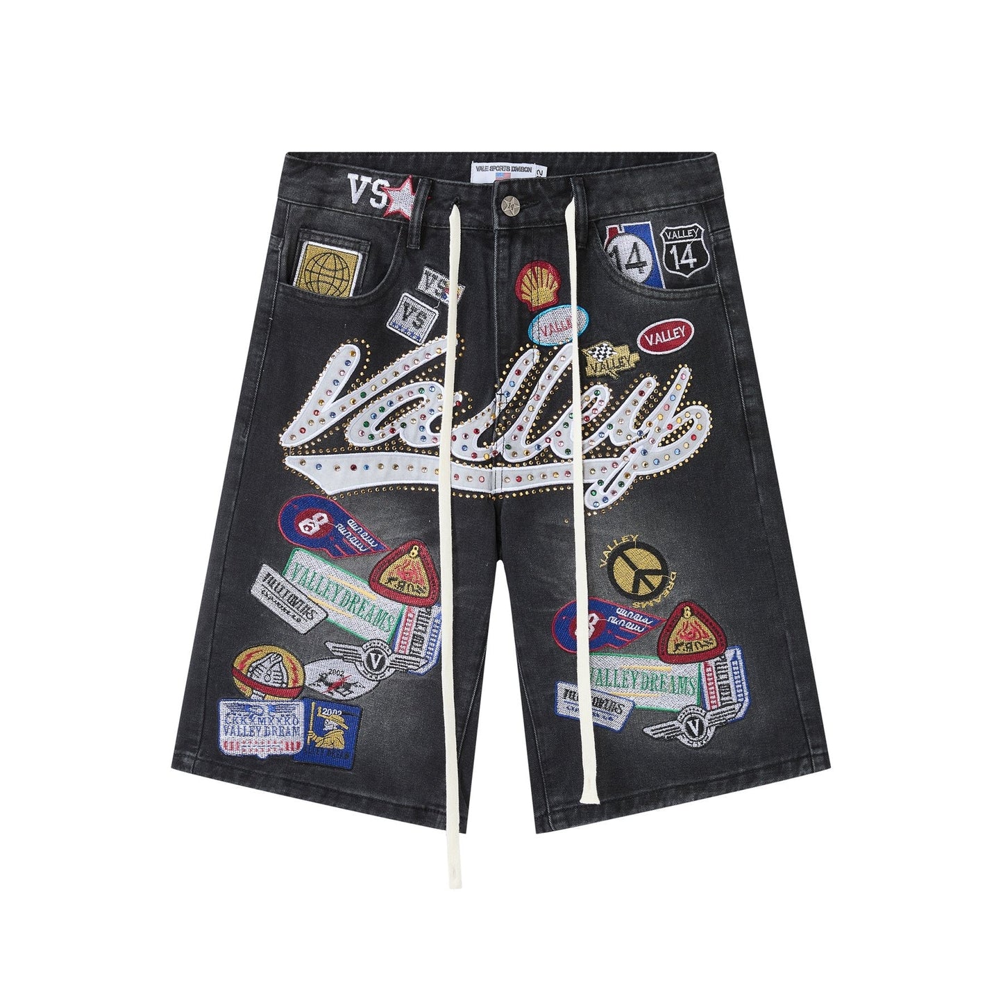 VALE 1980s Patch Rhinestone Denim Shorts — front