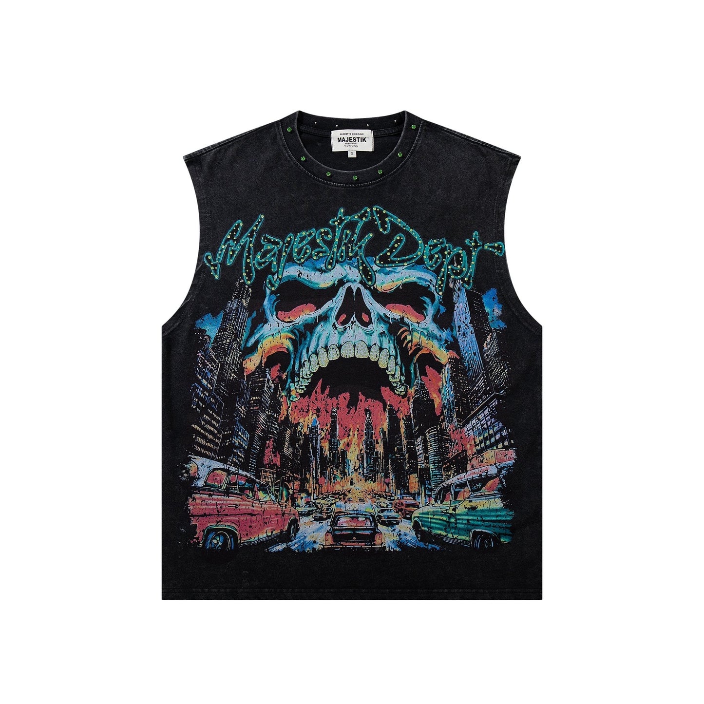 MAJESTIK New York Skull Graphic Sleeveless T-Shirt — front