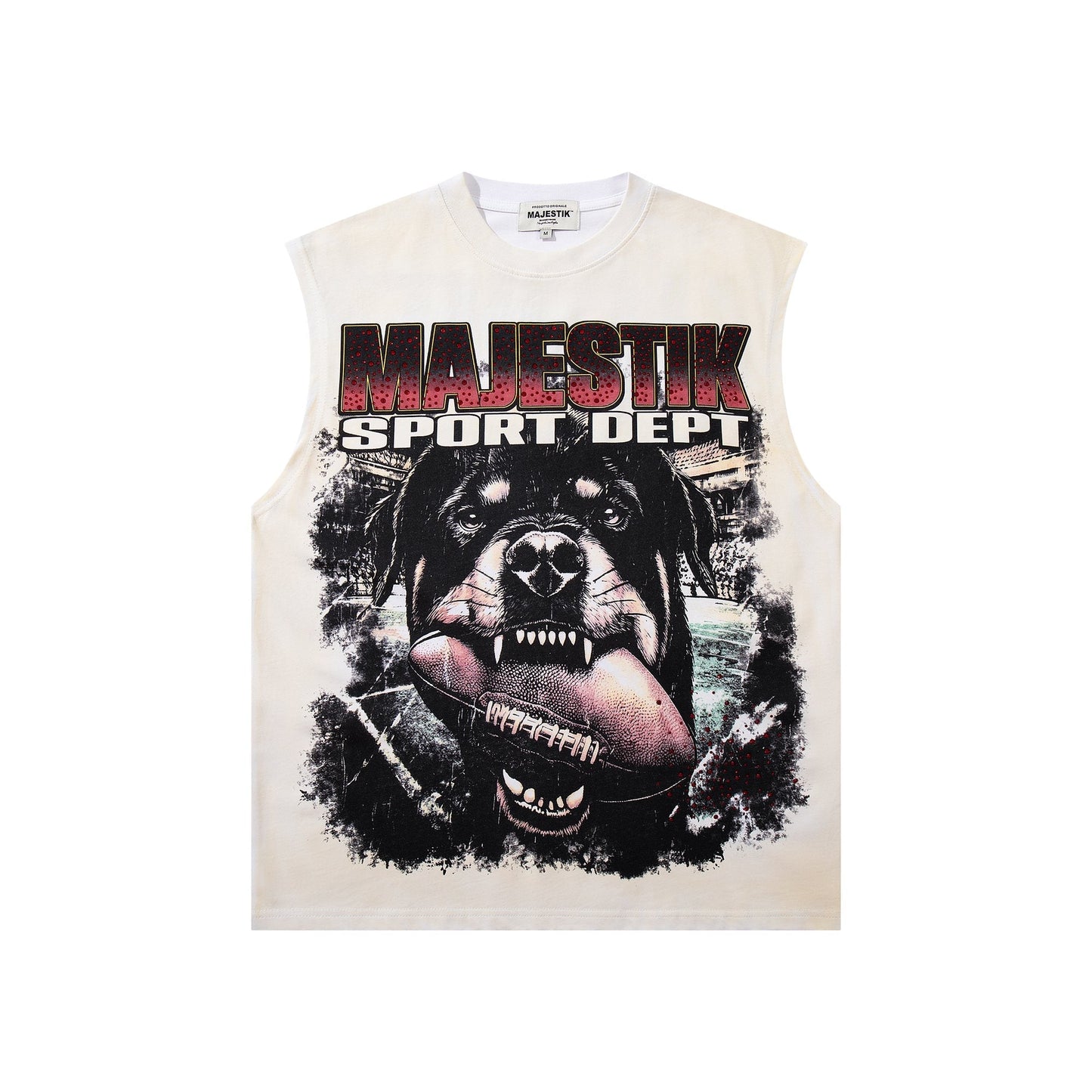 MAJESTIK Cream Distressed Rhinestone Sleeveless T-Shirt — hero