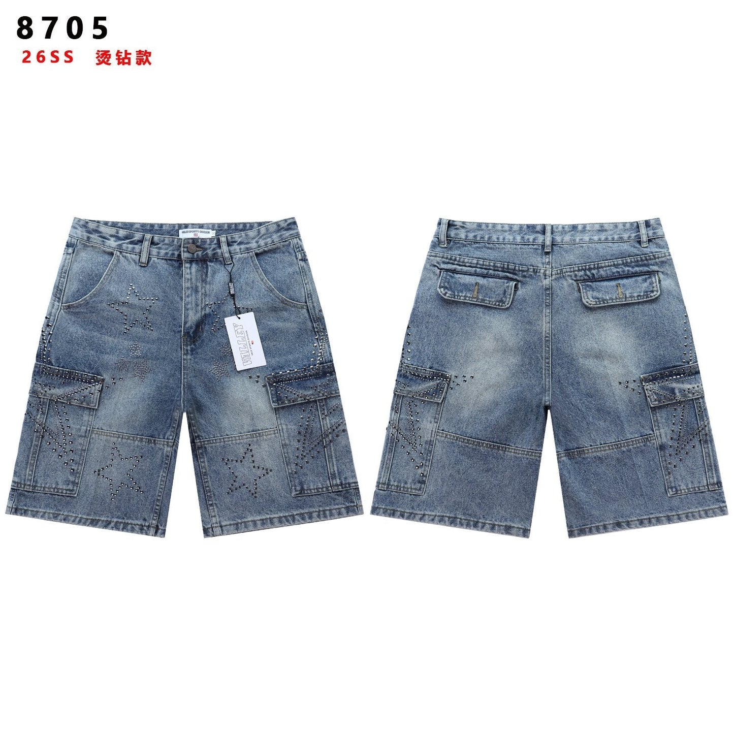 VALLEY Star Rhinestone Denim Cargo Shorts — hero