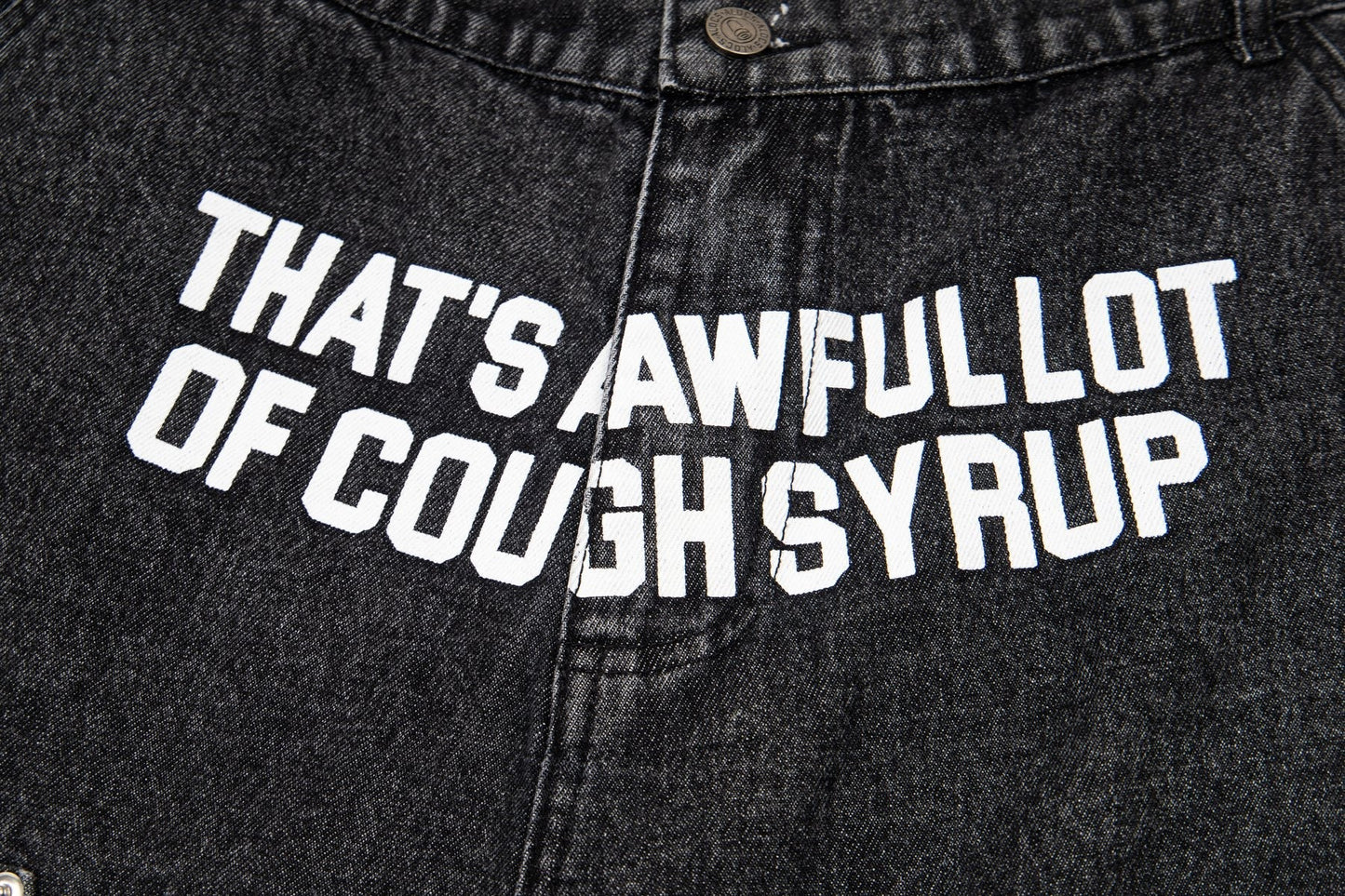 THAT'S A AWFUL LOT OF COUGH SYRUP Washed Denim Graphic Shorts — detail