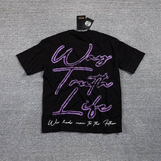 Wing Tonight Life Purple Script Graphic T-Shirt — front