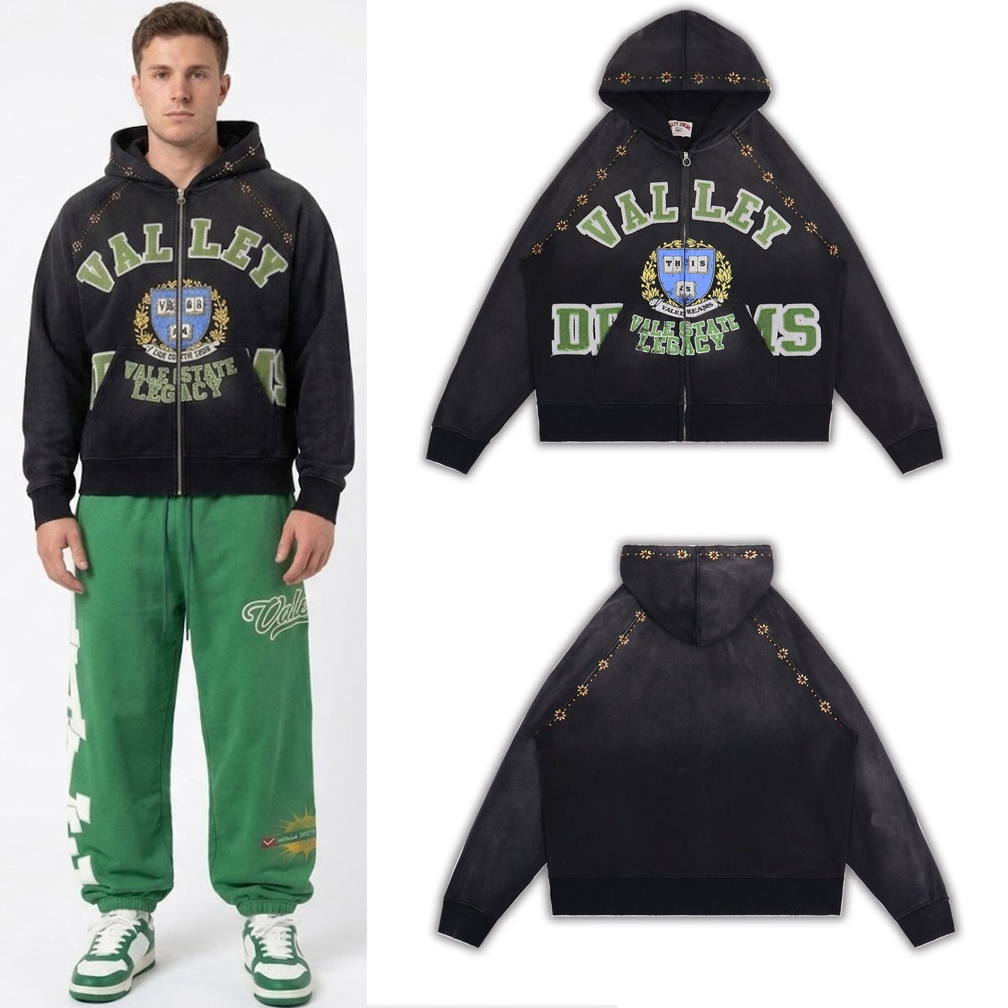Valley Dreams Washed Black Collegiate Crest Zip Hoodie — context