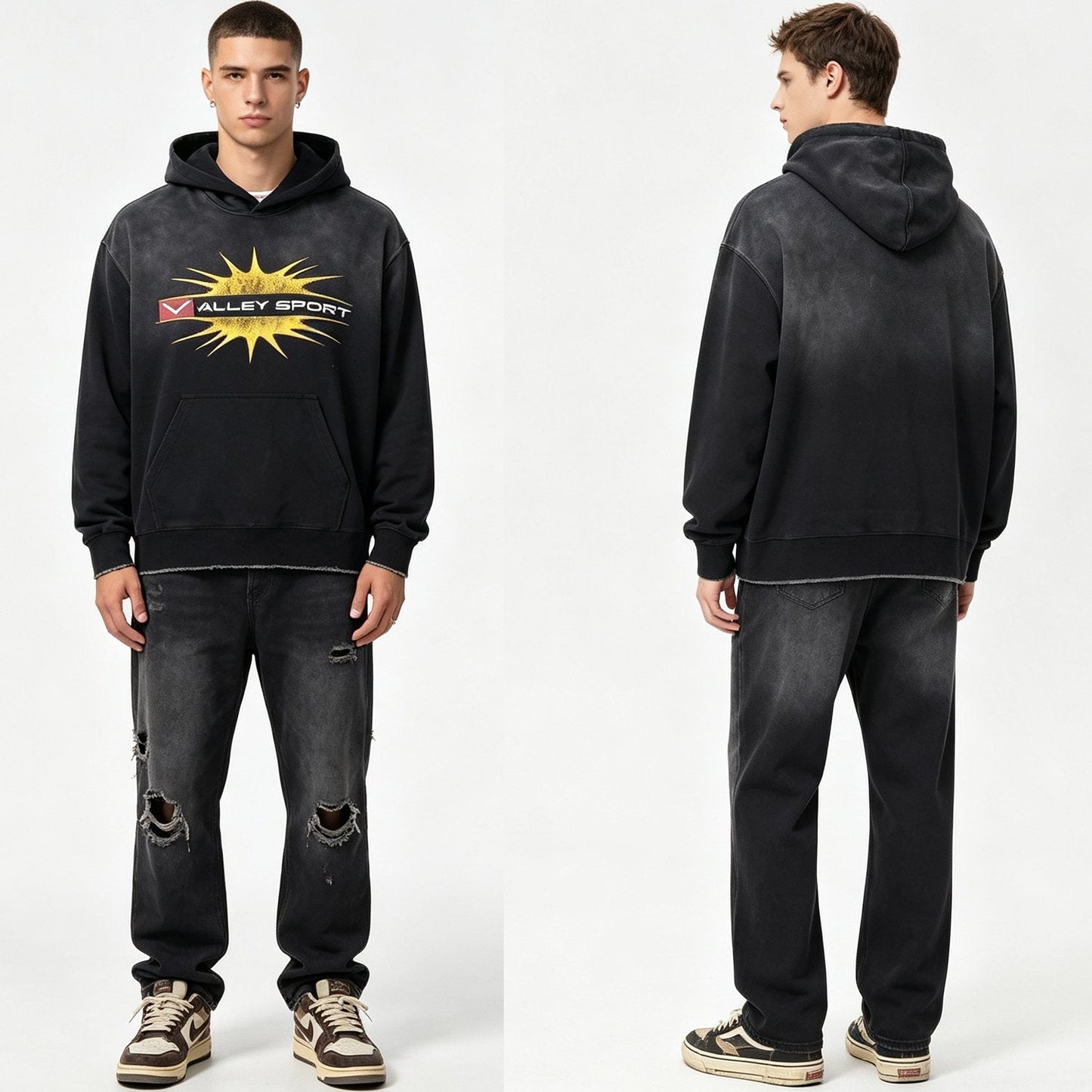 Valley Dreams Starburst Graphic Washed Black Hoodie — model