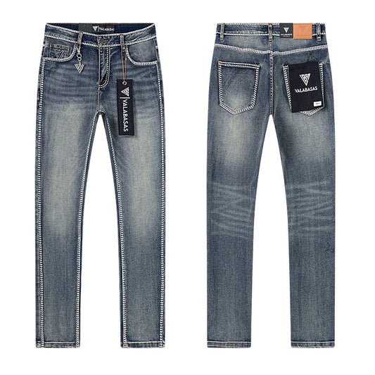 VALABASAS Washed Blue Contrast-Stitch Jeans — hero
