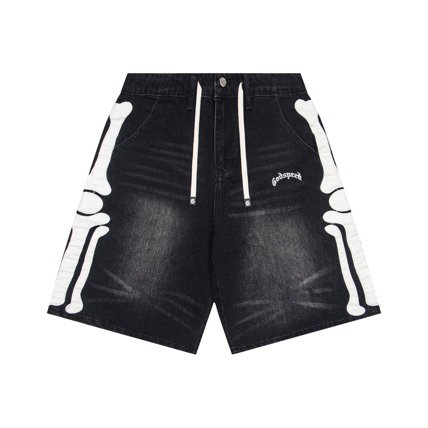 Godspeed Bone Applique Denim Shorts — front