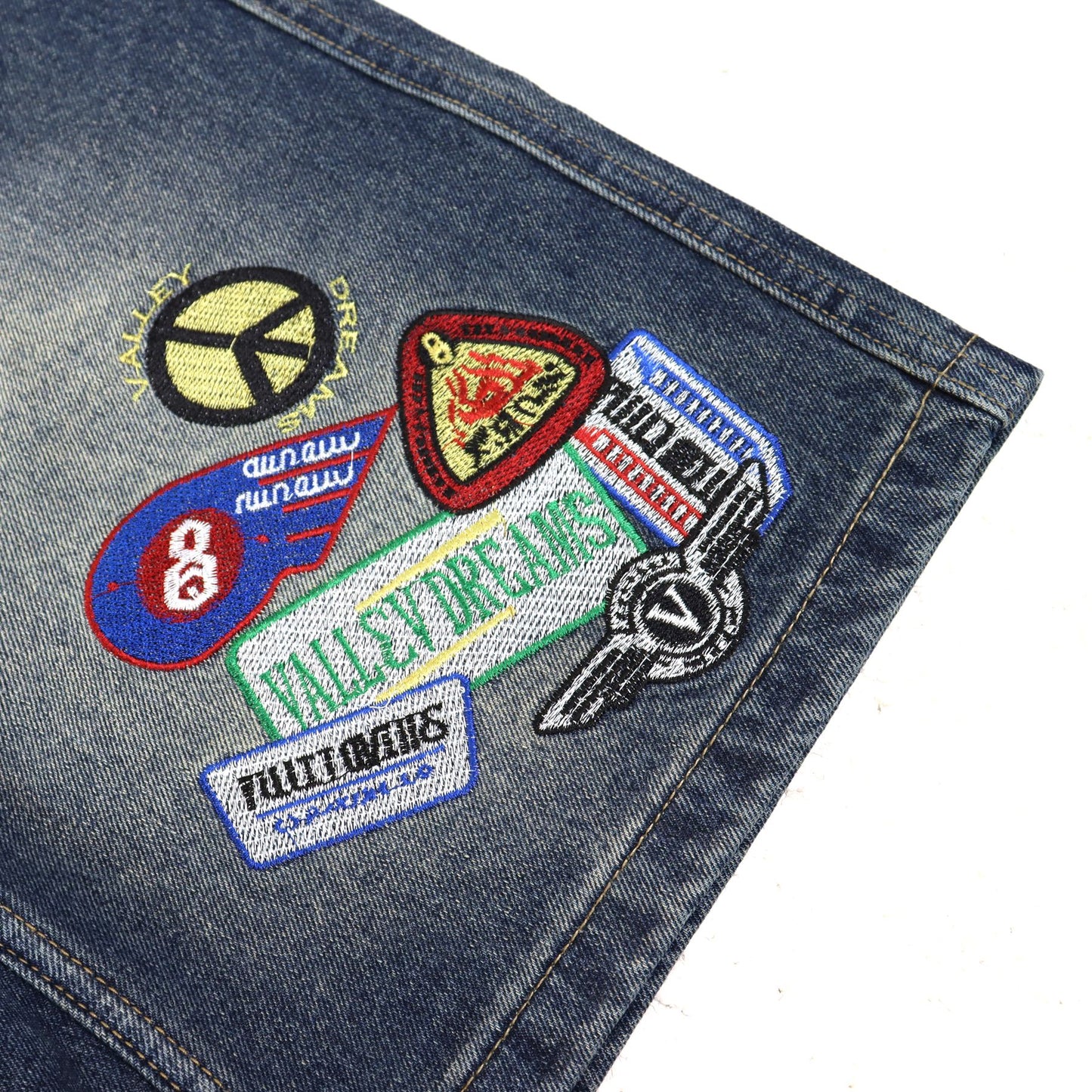 VALE SPORTS DIVISION Patch Embroidered Studded Denim Shorts — detail