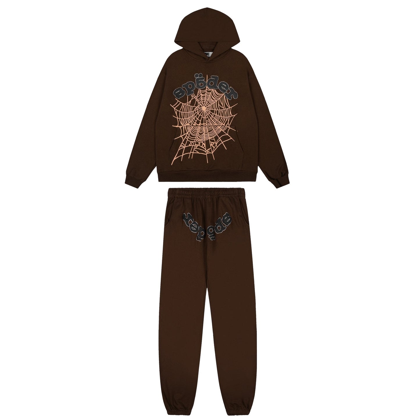 Sp5der Brown Spiderweb Hoodie & Sweatpants Matching Set — hero
