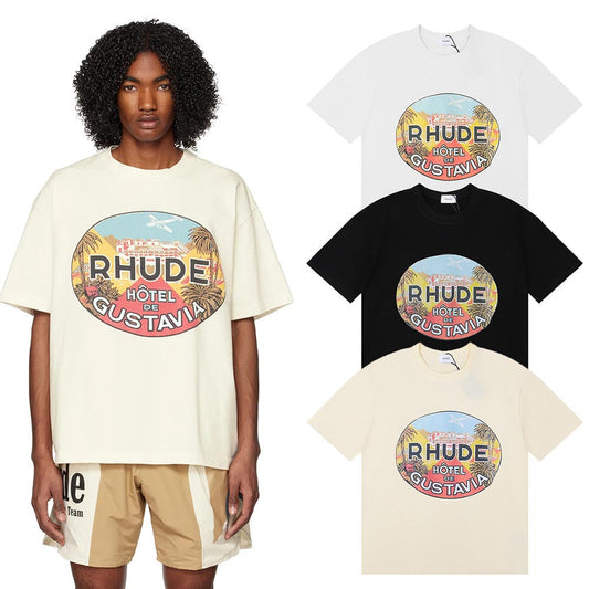 Rhude T-shirts Gustavia Hotel Printed Cotton Casual Short Sleeves Men's and Women's